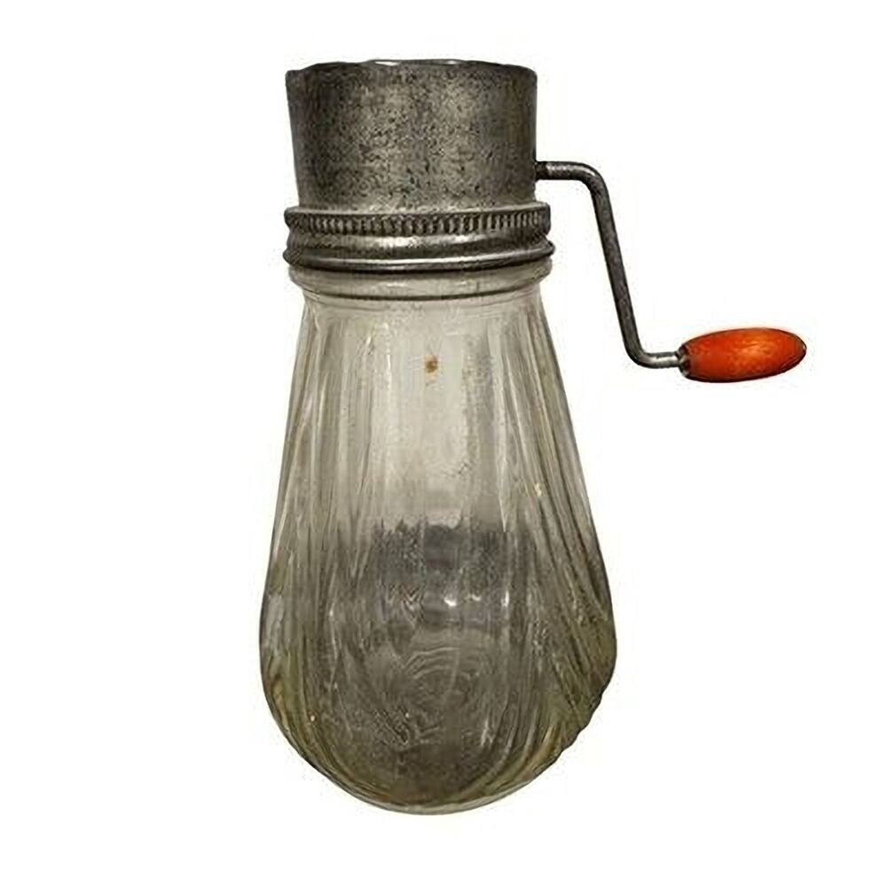 Vintage Nutmeg Grinder Glass Jar Hand Crank Metal Top Wooden Handle